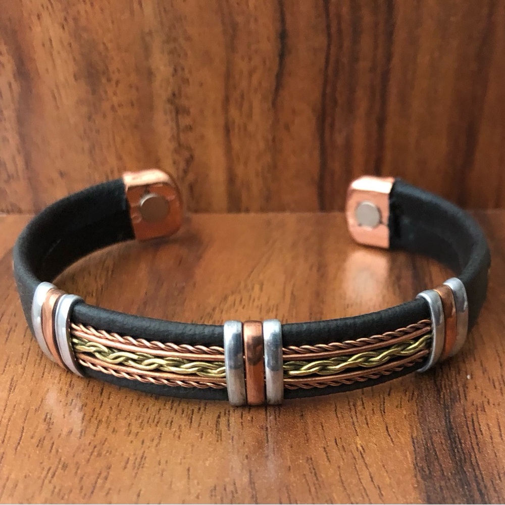 Two Tone Link Leather Wrapped Pure Copper Magnetic Bracelet Energy Cuff Bangle